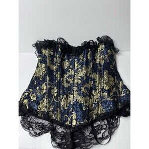 Blue Gold Brocade Lace Trim Corset Steampunk Gothic Renaissance Women’s Size XL